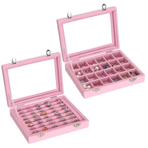 2-Piece PINK Velvet Jewelry Organizer Tray Set – Ring Earring Necklace
